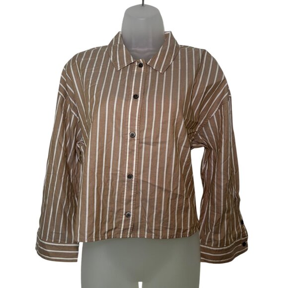 Everlane Brown White Stripe 100% Cotton Woven Pajama Top Small - Picture 4 of 6